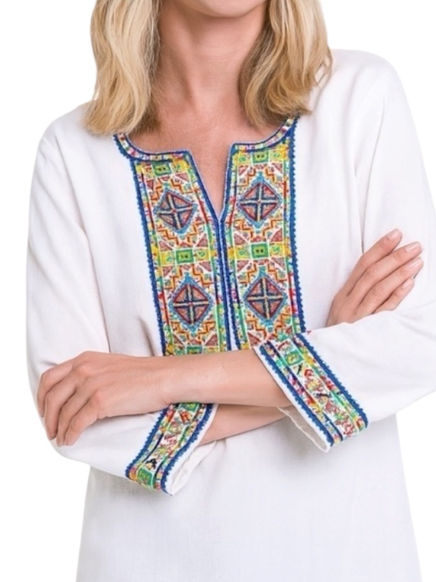 John Mark Linen Tunic White With Multicolor Embroidered Excellent Size S